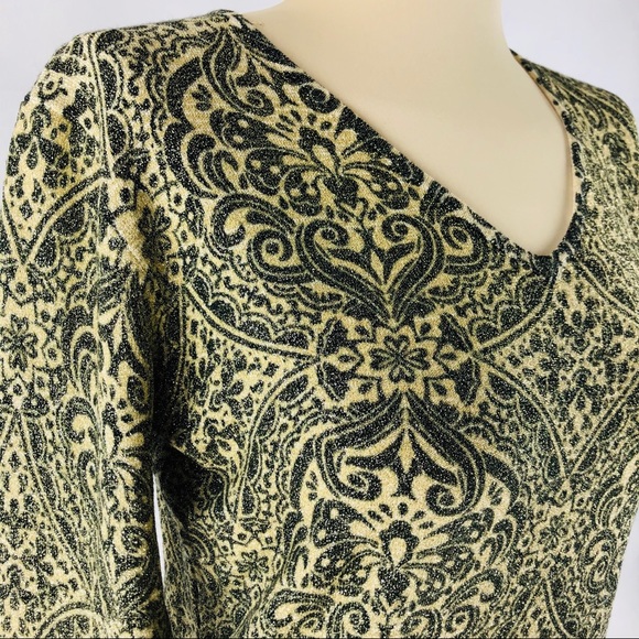 Top sweater Black Golden threaded patterns  V-neck Long Sleeve Pierri New York - Picture 3 of 7